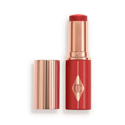 Red packaging matching to the stick product with a rose gold lid and detailing.