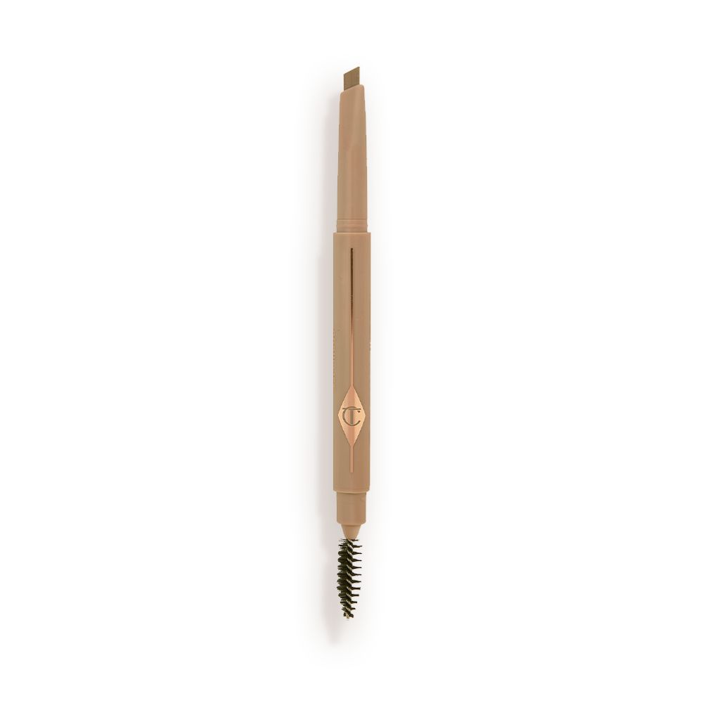A double-ended eyebrow pencil and spoolie brush duo in a taupe shade with golden-taupe-coloured packaging