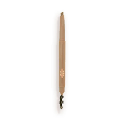 A double-ended eyebrow pencil and spoolie brush duo in a taupe shade with golden-taupe-coloured packaging