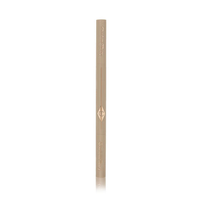 A closed double-ended eyebrow pencil and spoolie brush duo in golden-taupe-coloured packaging.