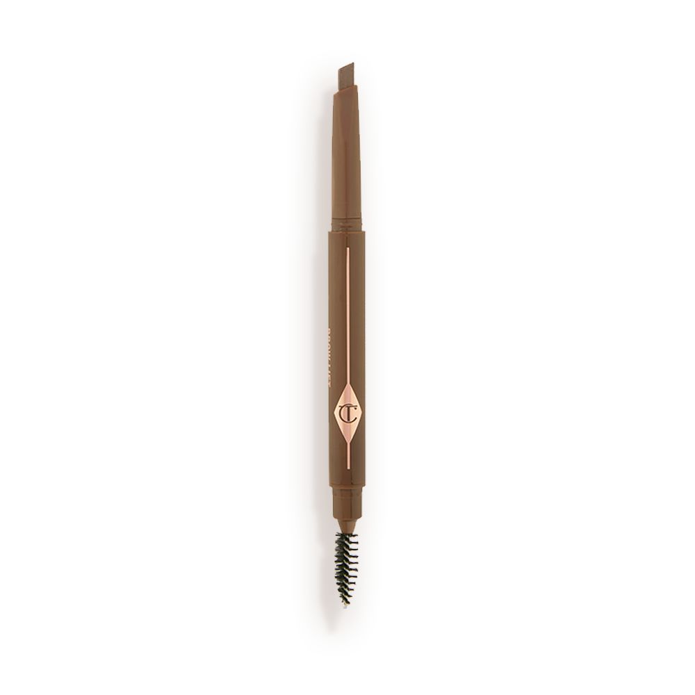 An open, double-ended eyebrow pencil and spoolie brush duo in a soft brown shade with soft-brown-coloured packaging