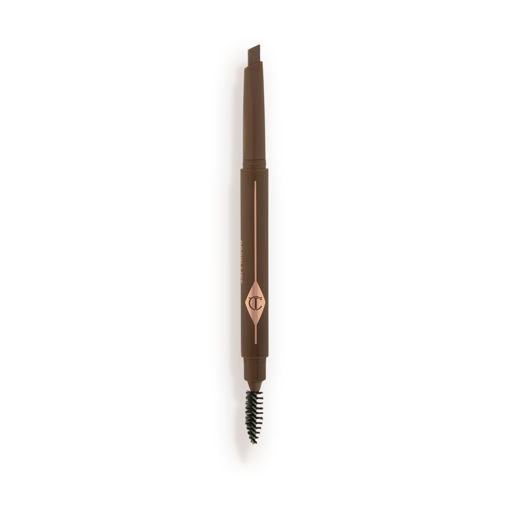 An open, double-ended eyebrow pencil and spoolie brush duo in a natural brown shade with natural-brown-coloured packaging