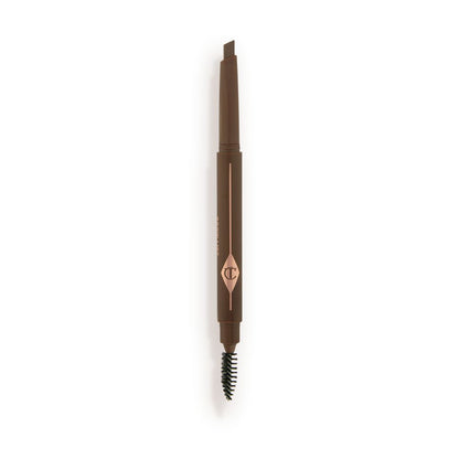 An open, double-ended eyebrow pencil and spoolie brush duo in a natural brown shade with natural-brown-coloured packaging
