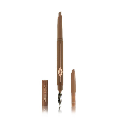 A double-ended eyebrow pencil and spoolie brush duo in a soft brown shade with soft-brown-coloured packaging and the refill besides it.