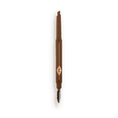 An open, double-ended eyebrow pencil and spoolie brush duo in a medium brown shade with medium-brown-coloured packaging