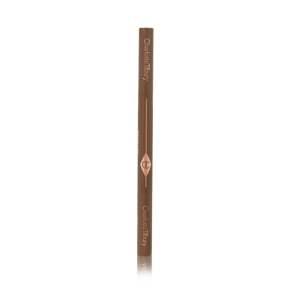 A closed, double-ended eyebrow pencil and spoolie brush duo in natural-brown-coloured packaging