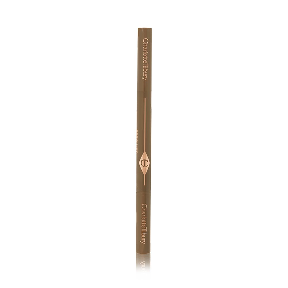 A closed, double-ended eyebrow pencil and spoolie brush duo in soft-brown-coloured packaging