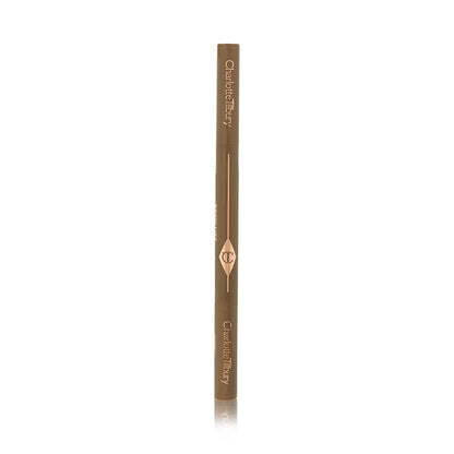 A closed, double-ended eyebrow pencil and spoolie brush duo in soft-brown-coloured packaging