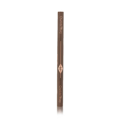 A closed, double-ended eyebrow pencil and spoolie brush duo in medium-brown-coloured packaging