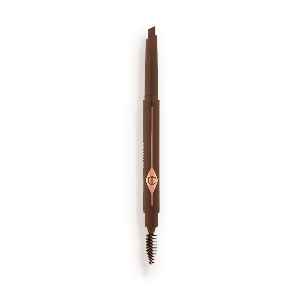 An open, double-ended eyebrow pencil and spoolie brush duo in a dark brown shade with dark-brown-coloured packaging