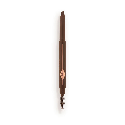 An open, double-ended eyebrow pencil and spoolie brush duo in a dark brown shade with dark-brown-coloured packaging