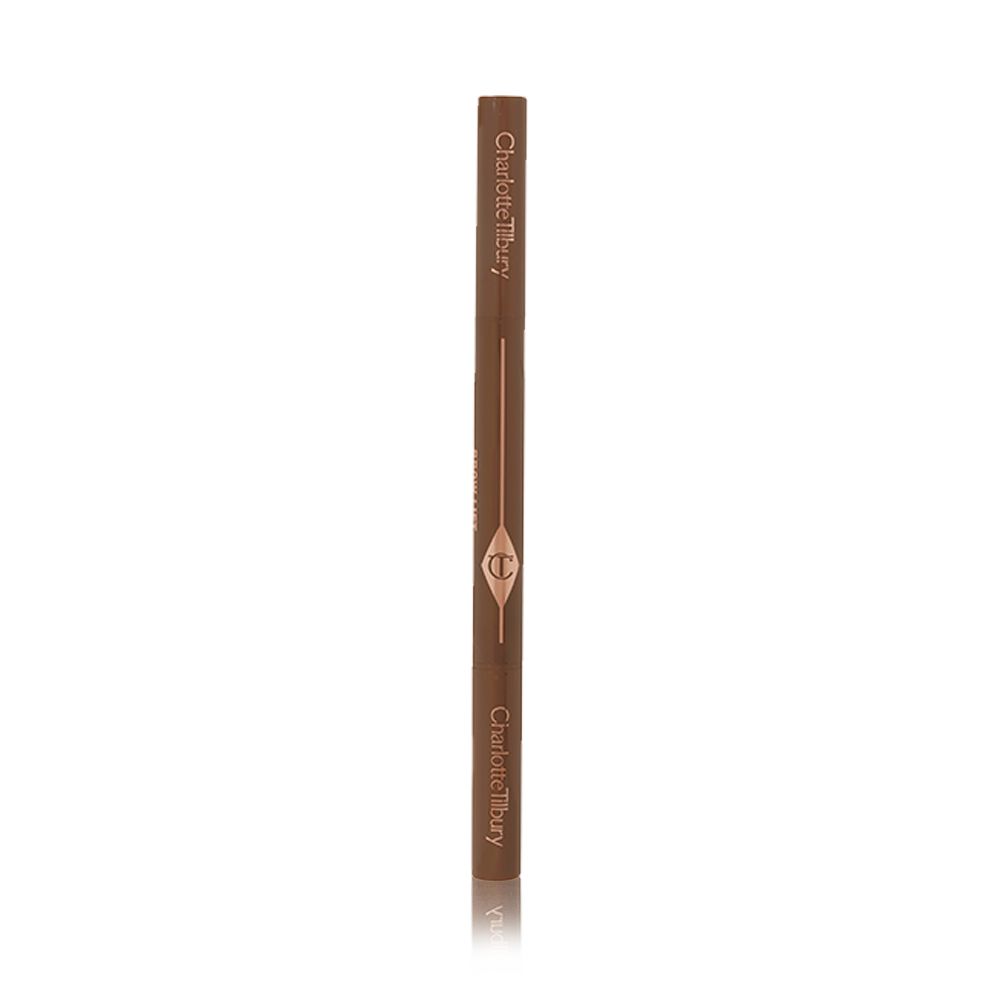 A closed, double-ended eyebrow pencil and spoolie brush duo in dark-brown-coloured packaging