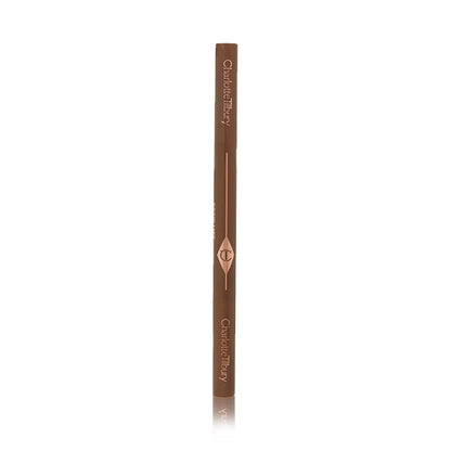 A closed, double-ended eyebrow pencil and spoolie brush duo in dark-brown-coloured packaging
