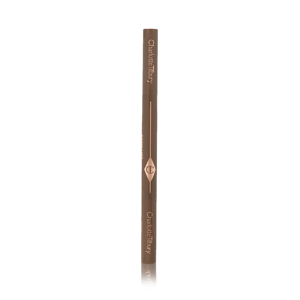 A closed, double-ended eyebrow pencil and spoolie brush duo in black-brown-coloured packaging