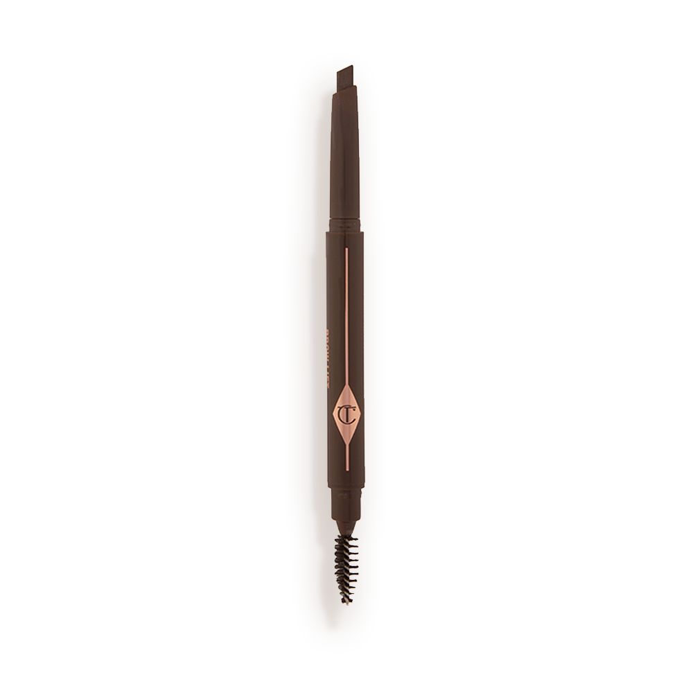 An open, double-ended eyebrow pencil and spoolie brush duo in a black brown shade with black-brown-coloured packaging
