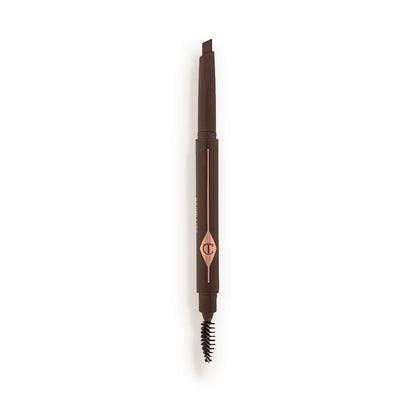 An open, double-ended eyebrow pencil and spoolie brush duo in a black brown shade with black-brown-coloured packaging