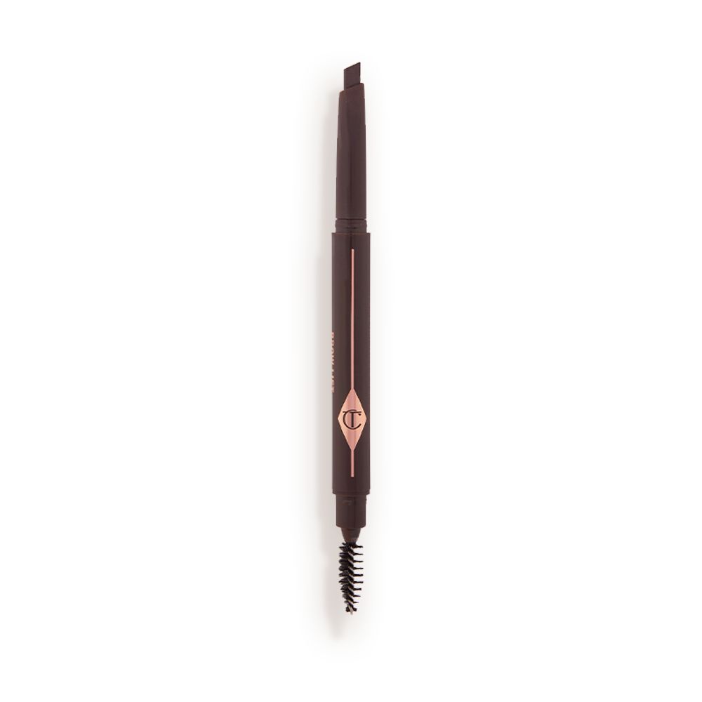 A double-ended eyebrow pencil and spoolie brush duo in a black shade with black-coloured packaging.
