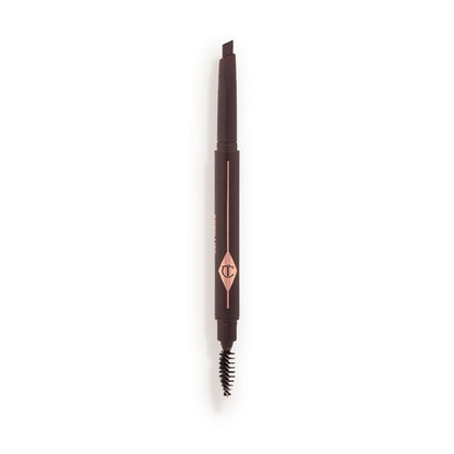 A double-ended eyebrow pencil and spoolie brush duo in a black shade with black-coloured packaging.