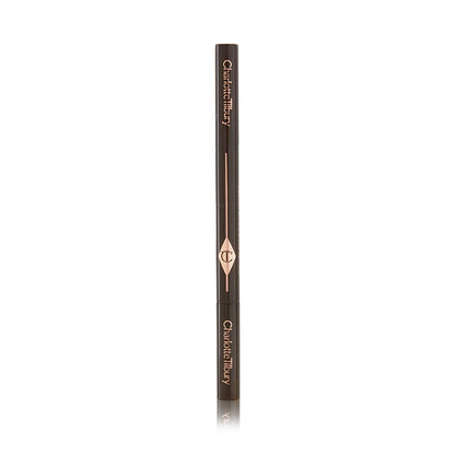A closed, double-ended eyebrow pencil and spoolie brush duo with black-coloured packaging.