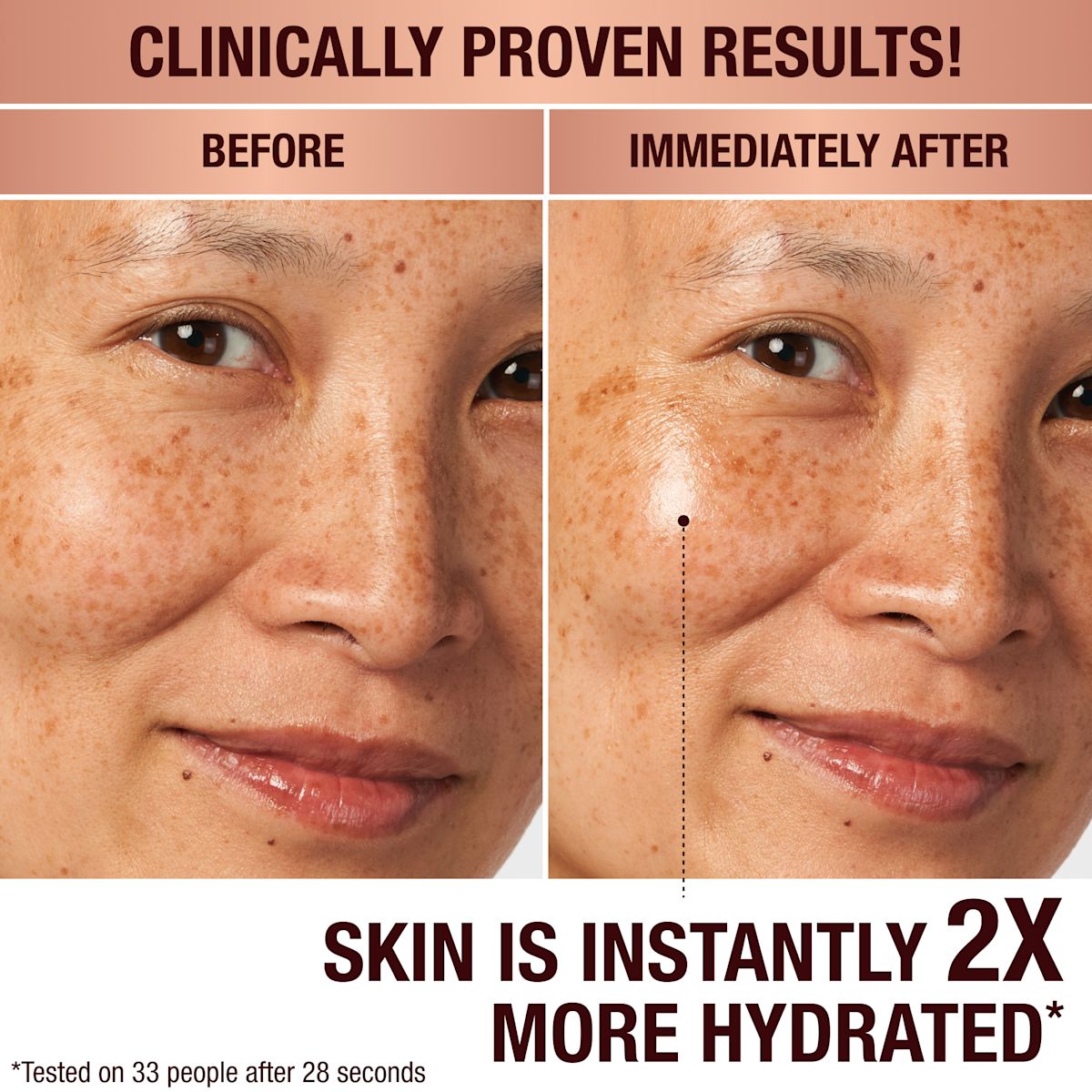 Before and after of a light-tone model without any skincare on one side and wearing glowy face cream that makes her skin look plump and hydrated on the other side.
