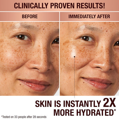 Before and after of a light-tone model without any skincare on one side and wearing glowy face cream that makes her skin look plump and hydrated on the other side.