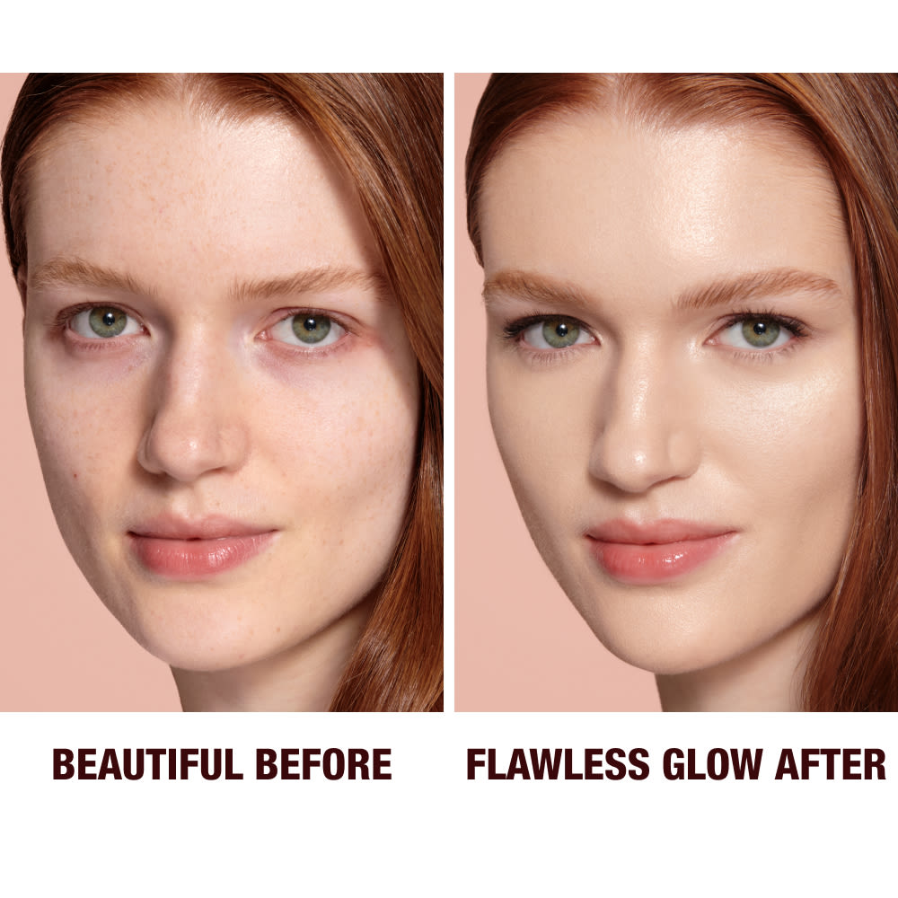 Close-up of a before and after of a fair-tone model wearing smokey rose gold eye makeup with a glow-boosting primer that blurs her pores and makes skin look flawless.