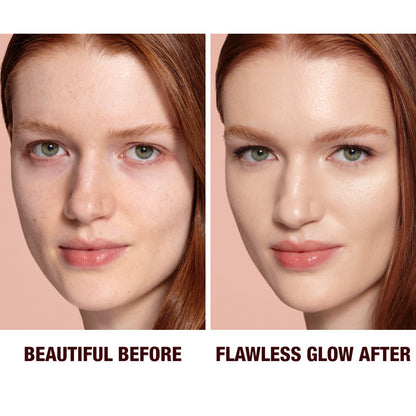 Close-up of a before and after of a fair-tone model wearing smokey rose gold eye makeup with a glow-boosting primer that blurs her pores and makes skin look flawless.