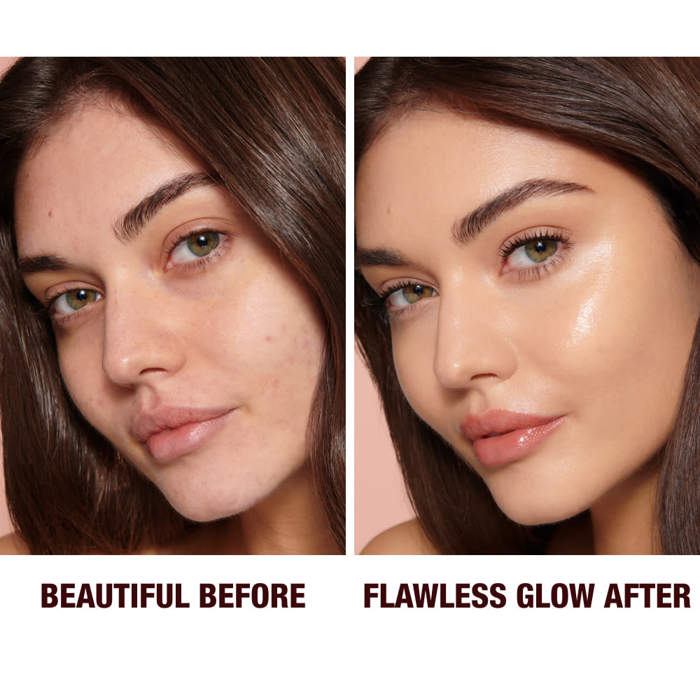 Close-up of a before and after of a medium-tone model wearing smokey brown and black eye makeup with a glow-boosting primer that blurs her pores and makes skin look flawless.