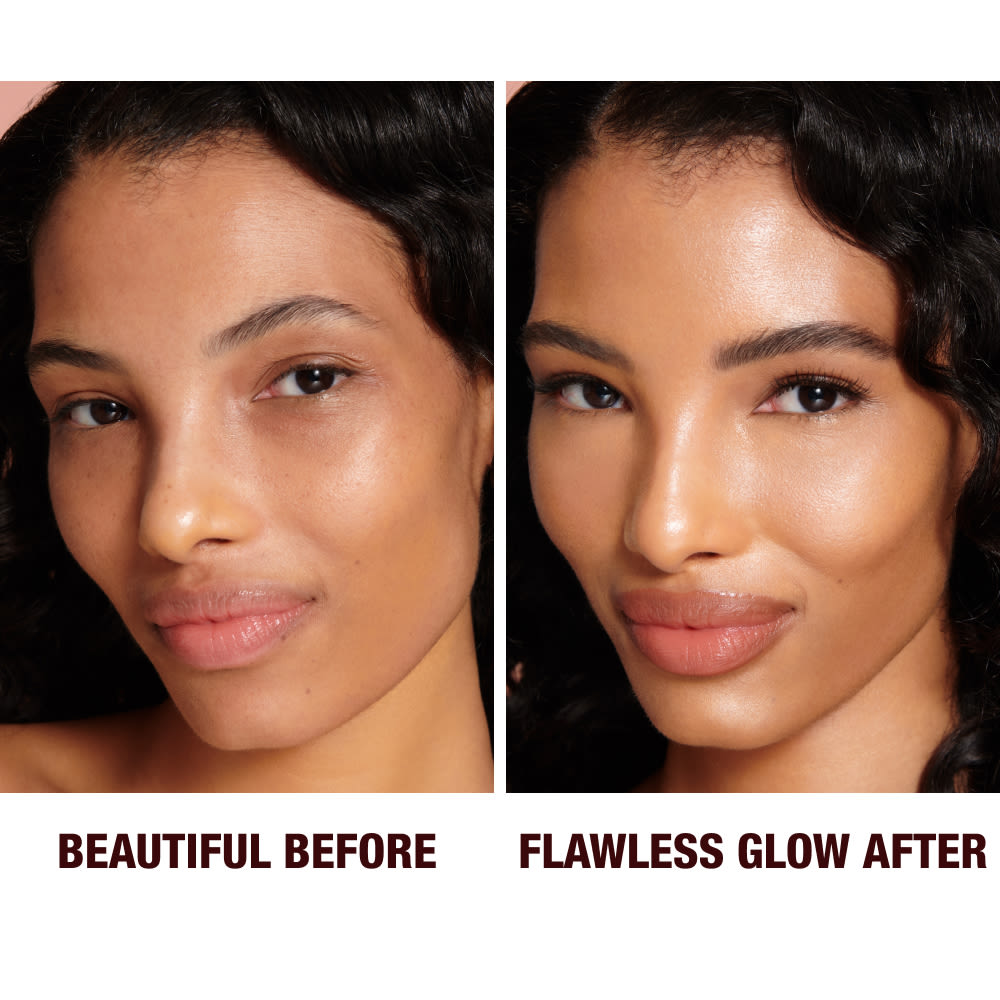 Before and after close-up of a medium-tone model with brown eyes wearing a luminous, glowy primer that blurs her pores and fine lines with black eyeliner and sheer lip gloss.