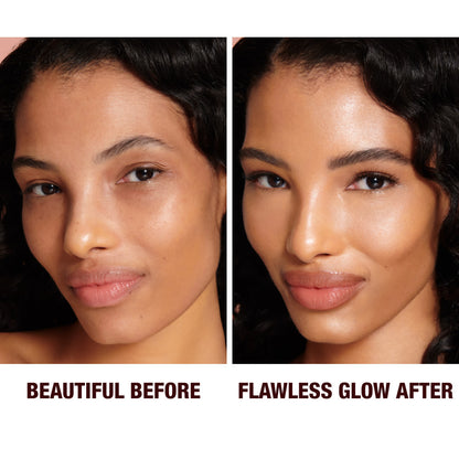 Before and after close-up of a medium-tone model with brown eyes wearing a luminous, glowy primer that blurs her pores and fine lines with black eyeliner and sheer lip gloss.
