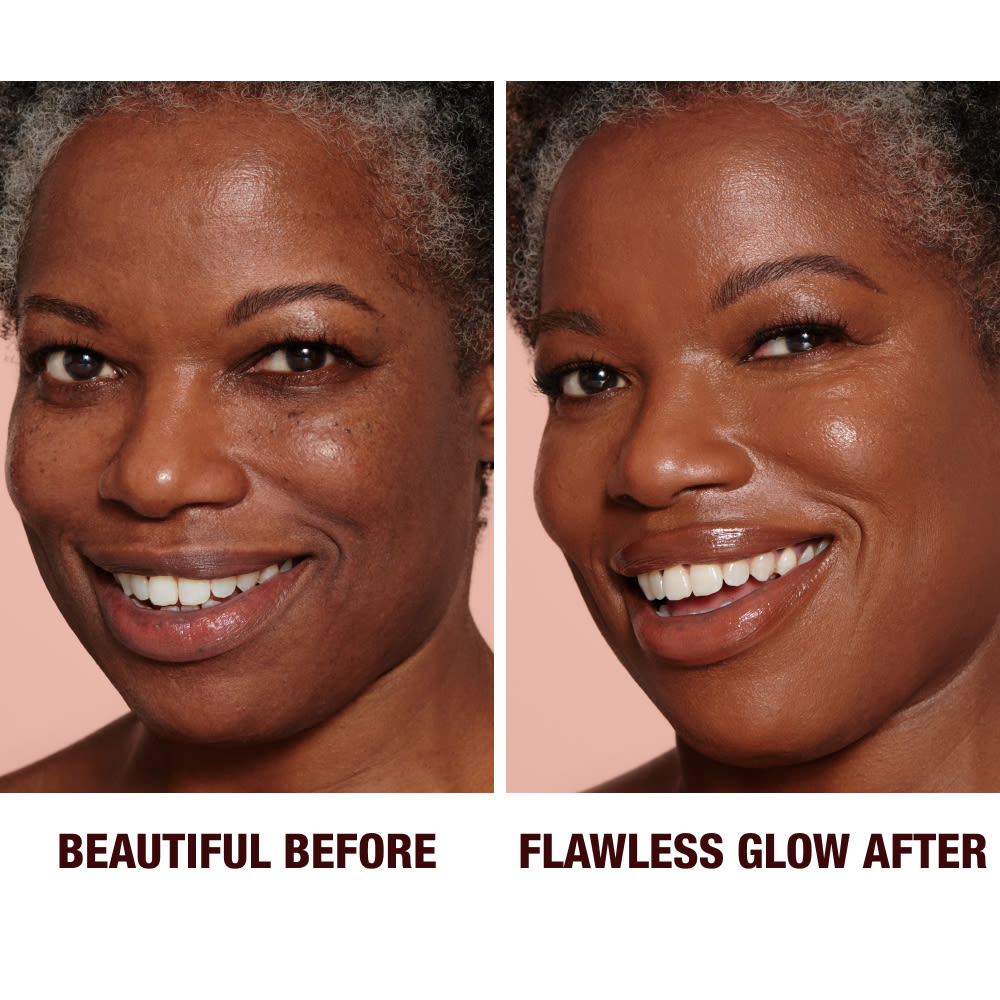 Before and after close-up of a deep-tone model with brown eyes wearing a luminous, glowy primer that blurs her pores and fine lines with black eyeliner and sheer lip gloss.