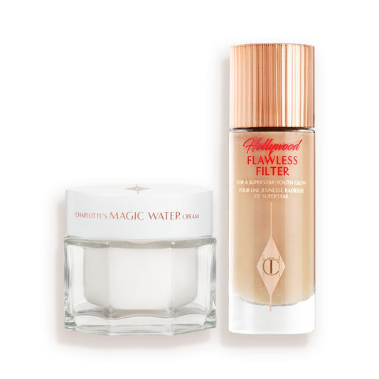 A jar of moisturiser next to a bottle of liquid foundation